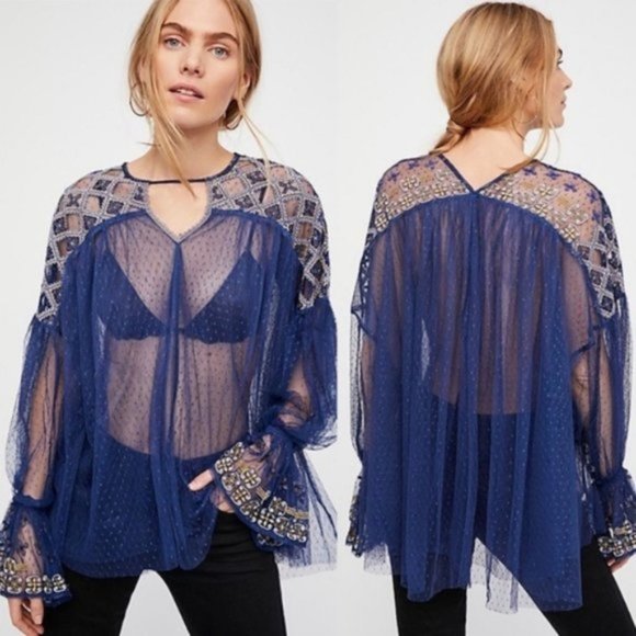 Free People Tops - FREE PEOPLE Top Floral Embroidered Sheer Bell Long Sleeve Flowy Peasant Boho Y2K